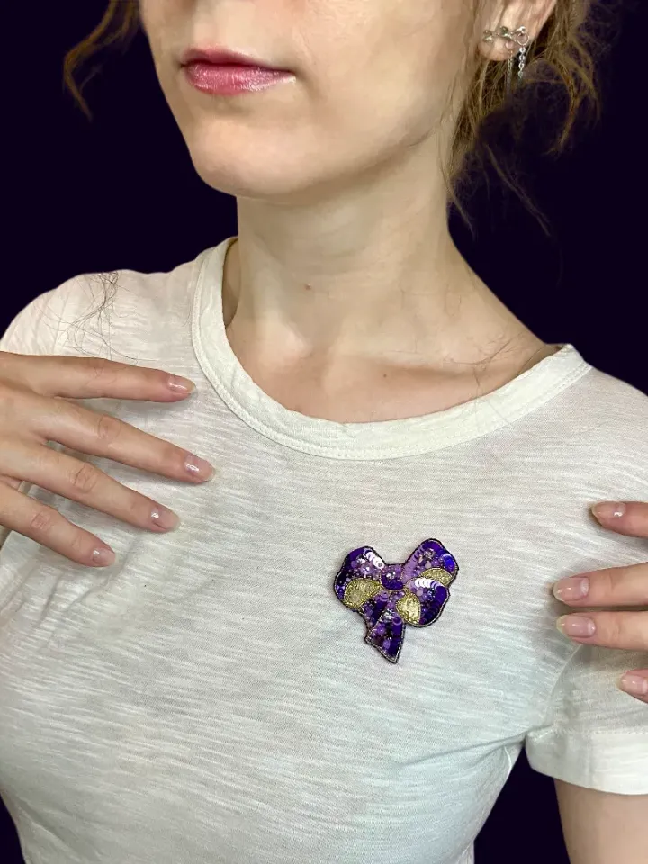Beaded Brooch Exquisite Purple Bow In Gold, Handmade Embroidered Jewelry, Delicate Brooch, Pin Purple, Embroidery