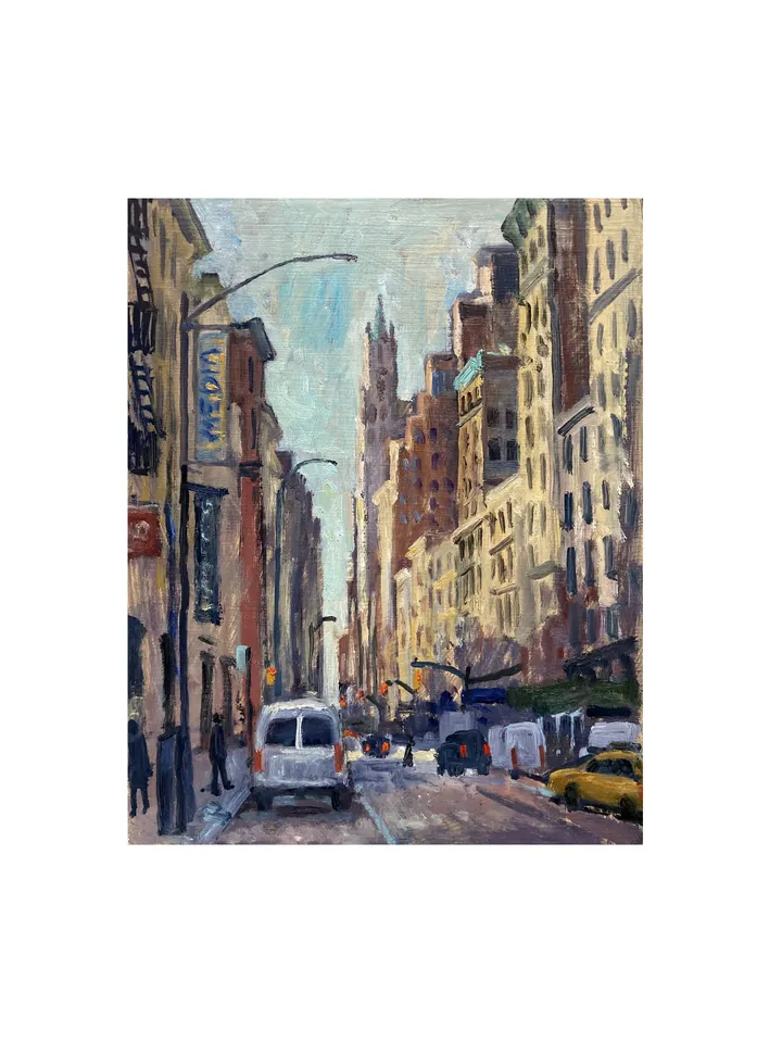Original New York Cityscape Painting - Down Broadway/Winter Sunlight/NYC - 8x10 Oil on Panel, Signed Original New York Impressionism