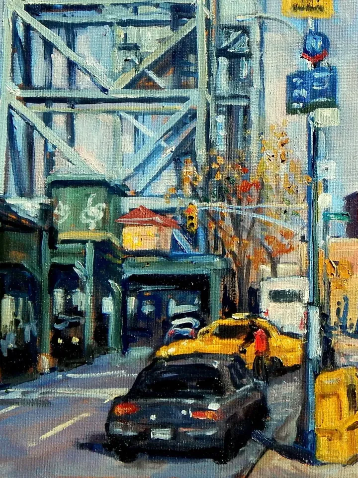 Original New York Cityscape Painting - Broadway Bridge Car Wash/Inwood NYC- 16x20 Oil on Canvas, Signed Original Impressionist Landscape