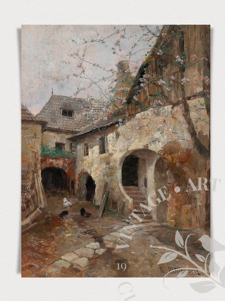 Cottage Yard Vintage Painting, Architecture PRINTABLE Downloadable, Antique Large Wall Art | 151