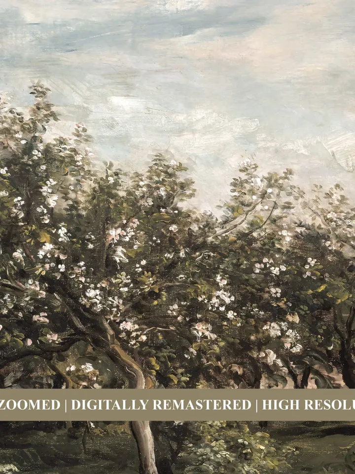 Apple Orchard Landscape, Vintage Art Print, Dark Green Country Painting, Printable Decor | 386