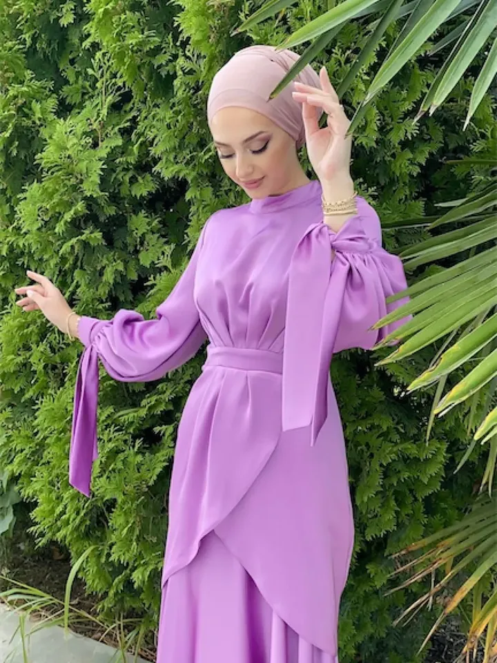 AHUNARE HIJAB - Afra Powder Satin Wedding Dress, Muslim Evening Gown, Nikah, Islamic Wedding, Engagement, Bridesmaid,