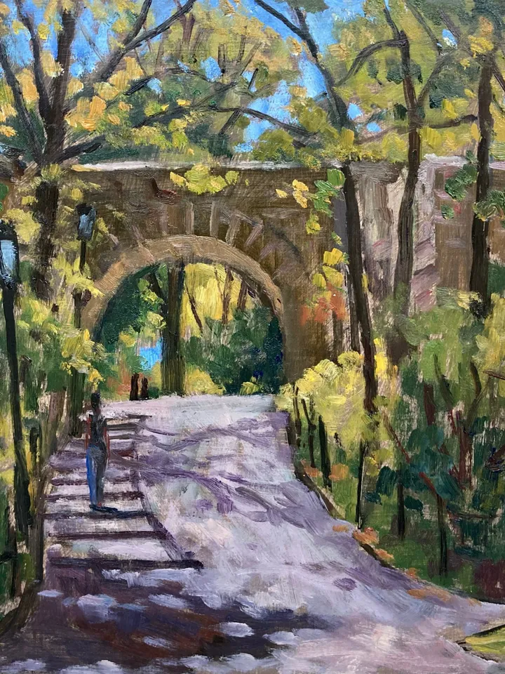 Original New York Landscape Painting- Linden Arch/Fort Tryon Park/NYC- 10x10 Oil on Panel, Plein Air Impressionist Fine Art