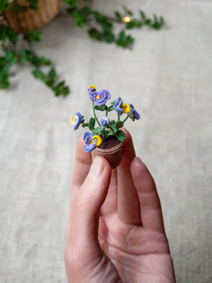 Beautiful miniature PANSY in a pot, Tiny Pansy for Fairy Flower Garden, Purple yellow Pansies crocheted flower