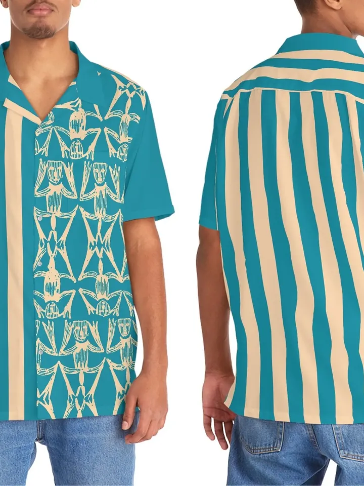 Tiki Stripe Hawaiian Shirt | Hawaii Tiki Button Shirt, Colorful Golf Shirt, Beach Wear for Christmas Vacation, Tropical Top, Tiki Mug Shirt