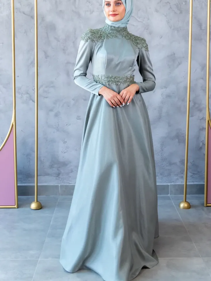 AHUNARE HIJAB - Bade Dress, Satin Dress, Mint Color, Muslim Evening Dress, Nikah, Wedding, Engagement, Bridesmaid, ,