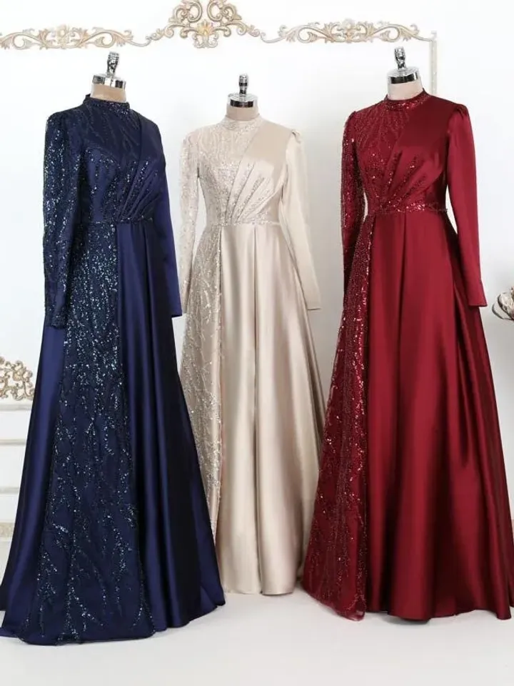 AHUNARE HIJAB - Sultan Burgundy Satin Embroiedered Wedding Dress, Muslim Evening Gown, Nikah, Islamic Wedding, Engagement, Bridesmaid,