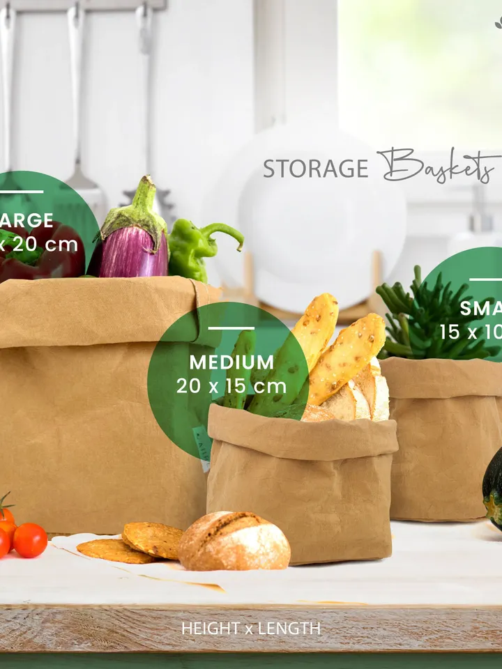 Set of 3 baskets of bread in eco-friendly washable kraft paper - Multipurpose bread baskets, modern fruit bowls and decorative pots