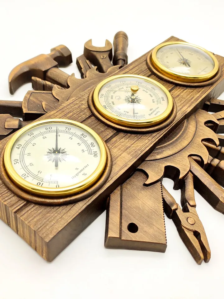 Weather Station; Barometer Hygrometer Thermometer, Wooden wall decor, Rustic decor, Wooden clock, Wooden Carver Panel, carved wall art