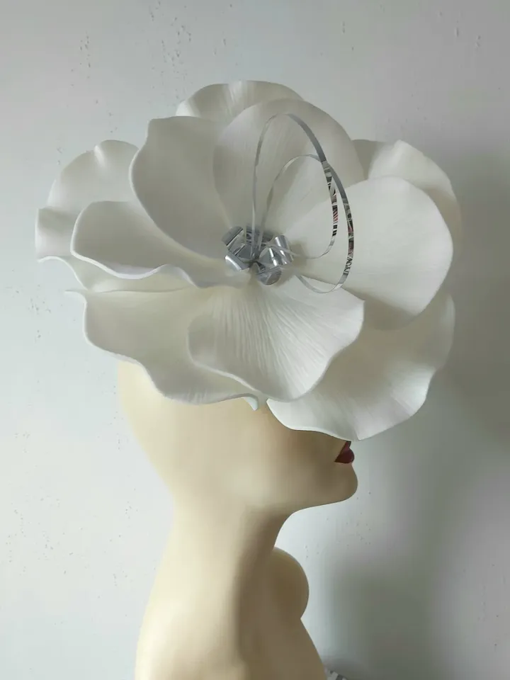 Large flower fascinator White bridal headband Mirror bloom wedding accessory Church Hat custom hat design 2024
