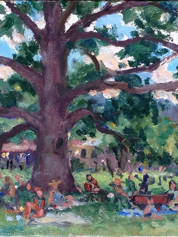 Small Original Tanglewood Landscape Painting - Old Tree/Dusk - 6x9 Oil on Panel, signed Berkshires Plein Air Impressionist Fine Art