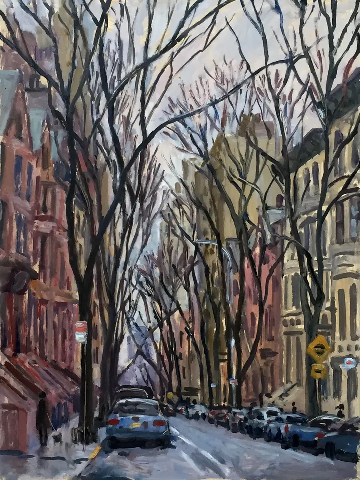New York Cityscape -Winter Grey/90th St/Upper West Side/NYC- 12x16 Oil on Panel, Impressionist Landscape, Signed Original American Fine Art