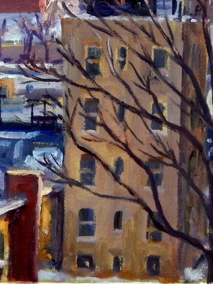 Original New York Cityscape Painting - Cool Snow/NYC- 11x14 Oil on Canvas, American Realist Snowy Winter Landscape, Signed Original Fine Art