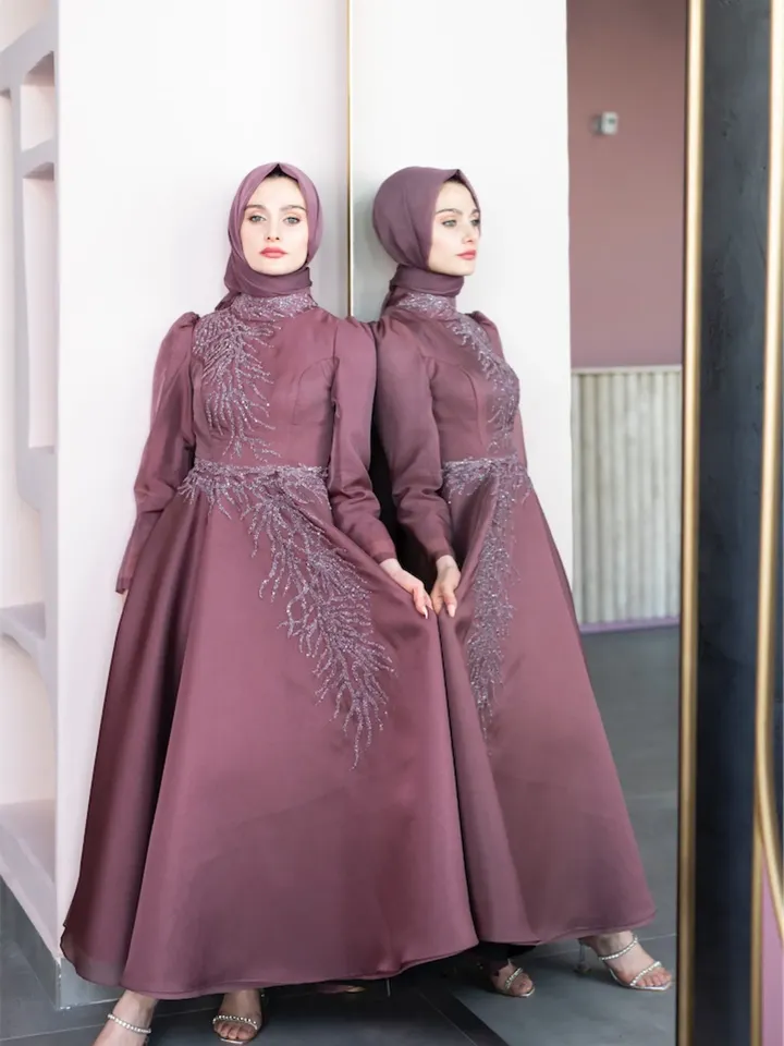 AHUNARE HIJAB - Mimoza Dried Rose Embroidered Wedding Dress, Muslim Evening Gown, Nikah, Islamic Wedding, Engagement, Bridesmaid,