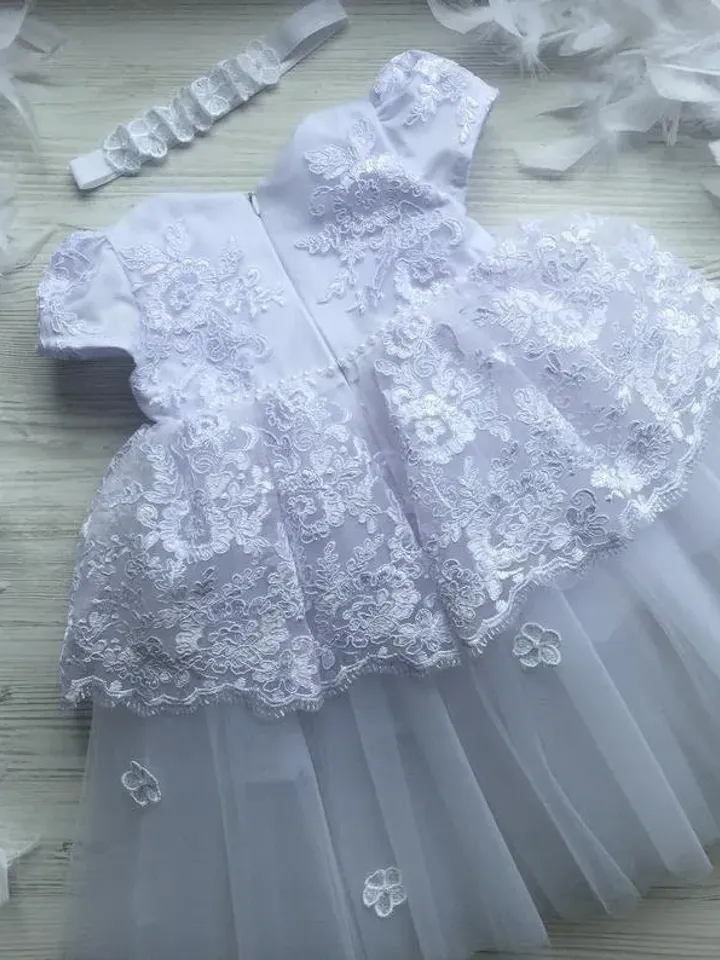 Baptism dress. Christening dress with headband. White dress with lace, 3d flowers and headband for baby girl.