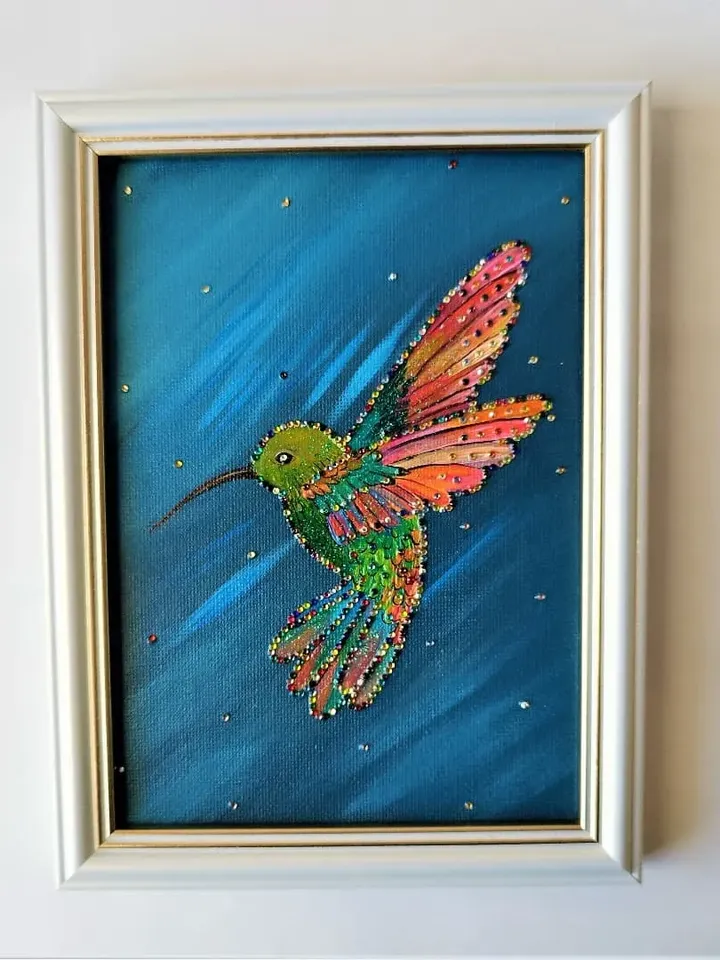 Diamond painting on canvas, Hummingbird canvas painting, Little bird painting