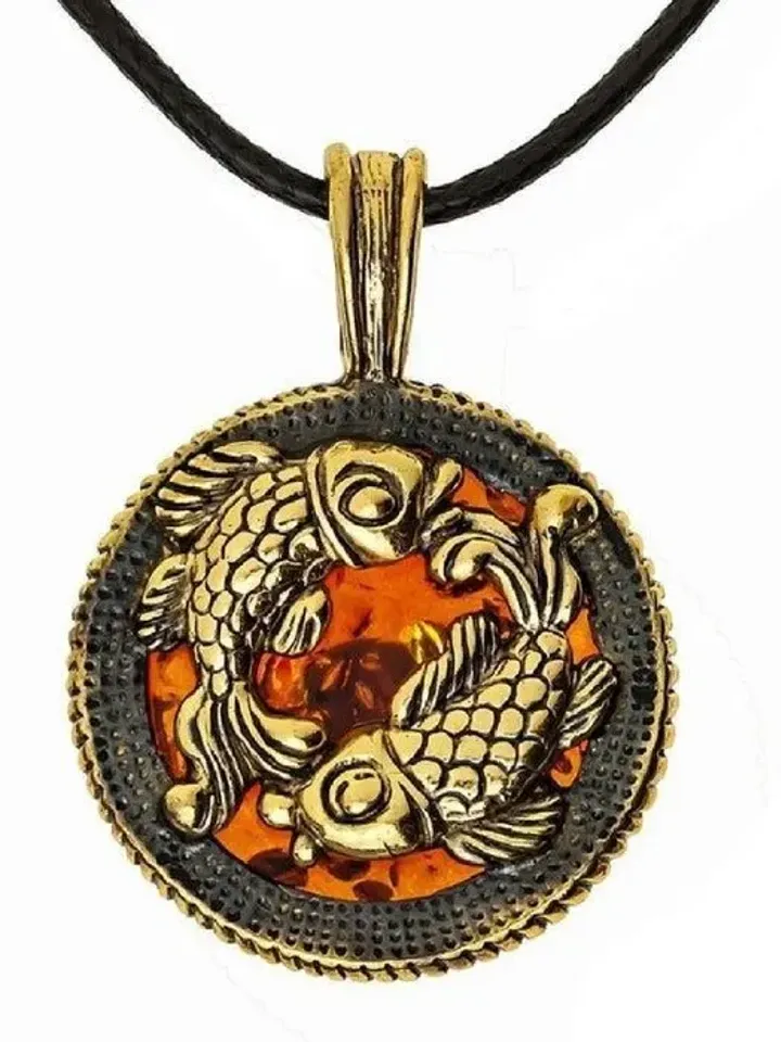 Pisces necklace Pisces gift zodiac sign pendant fish amber jewelry gold brass Fish Amulet round pendant medallion