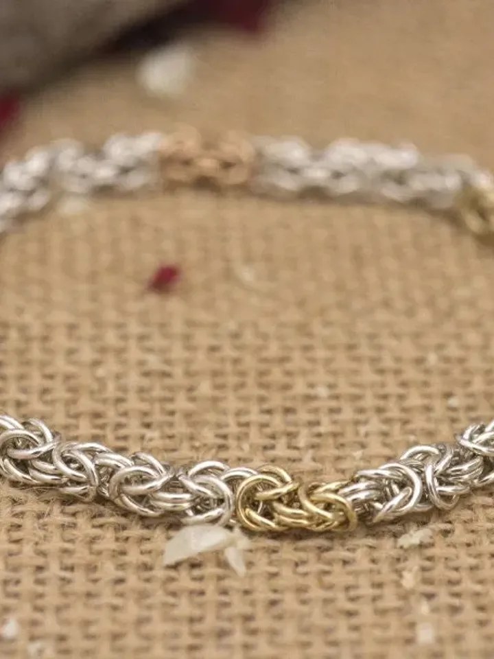 Sterling Silver With 14K Red and Yellow Gold Byzantine Bracelet