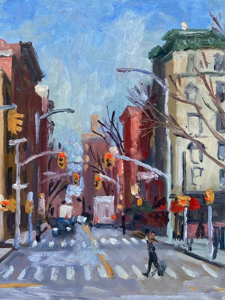 East Village Cityscape - Up Avenue C/NYC Winter- 8x10 Oil on Panel, New York Urban Impressionist Landscape, Signed Original
