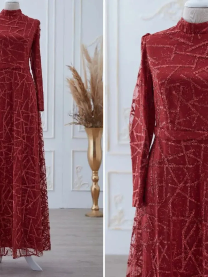 Parıltı burgundy silvery embroidered Ahunare Wedding Dress, Muslim Evening Gown, Nikah, Islamic Wedding, Engagement, Bridesmaid, Maxi Dress