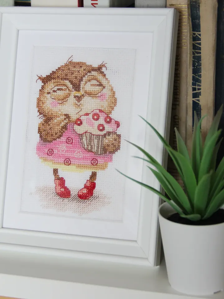 Cross stitch picture. Owl framed artwork