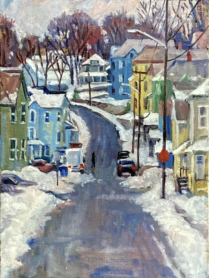 Winter Landscape Painting - Snowy Street/North Adams- 10x15 Oil on Linen, Plein Air Impressionist Snow Scene, Signed Original