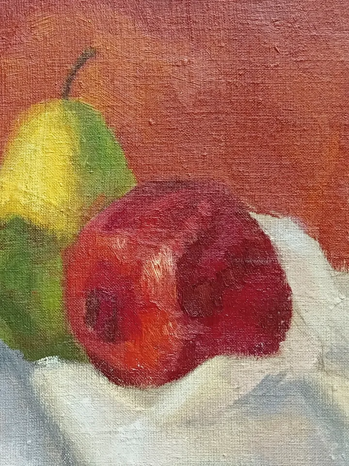 "Peach, pear and pomegranate" fruit oil painting still life original wall art picture small