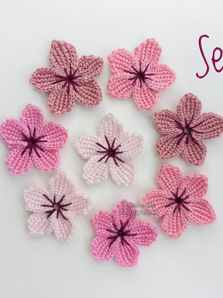 Pink Cherry blossoms, Set of 8 flowers, Sakura flowers appliques, Spring flowers, Crochet Mini Flower