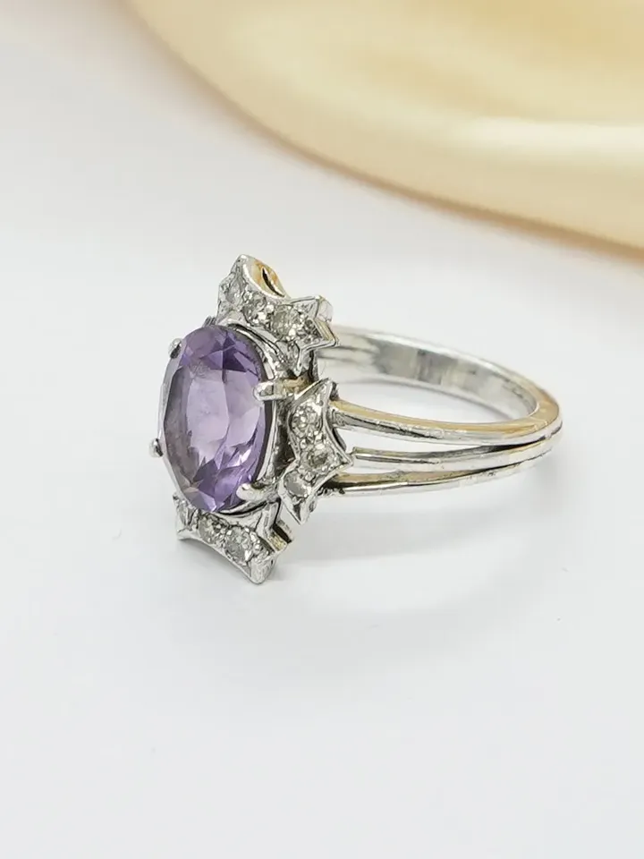 Natural Amethyst Diamond Ring, 925 Sterling Silver Ring, Amethyst Engagement Ring, Anniversary Gift, Amethyst Jewelry, Bridal Ring