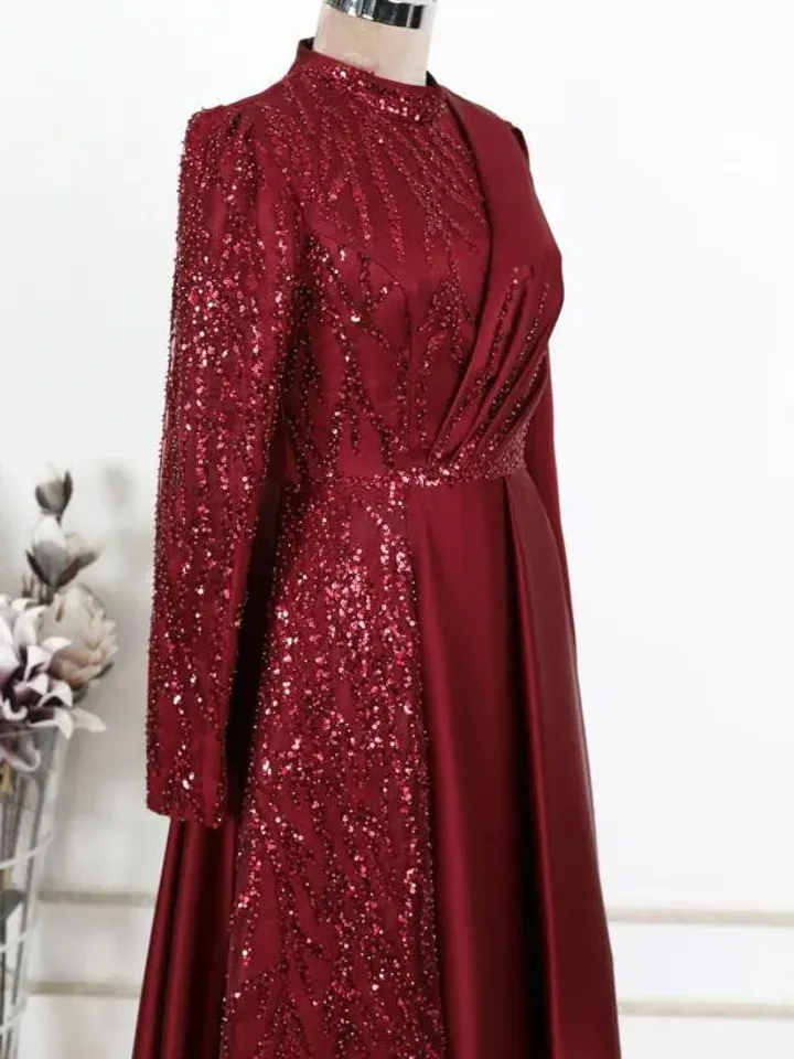 AHUNARE HIJAB - Sultan Burgundy Satin Embroiedered Wedding Dress, Muslim Evening Gown, Nikah, Islamic Wedding, Engagement, Bridesmaid,