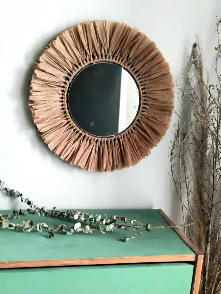 Wall Decor Bedroom Round mirror with raffia Home Decorative Mirror Wall Boho Raffia Mirror Home decor Wall hangings