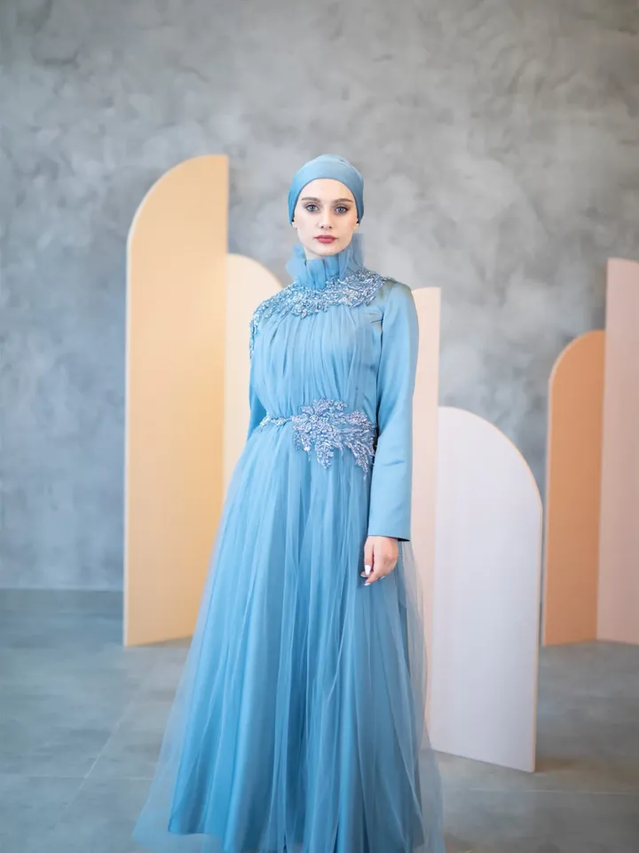 AHUNARE HIJAB - Rosa Blue Tulle Wedding Dress, Muslim Evening Gown, Nikah, Islamic Wedding, Engagement, Bridesmaid,
