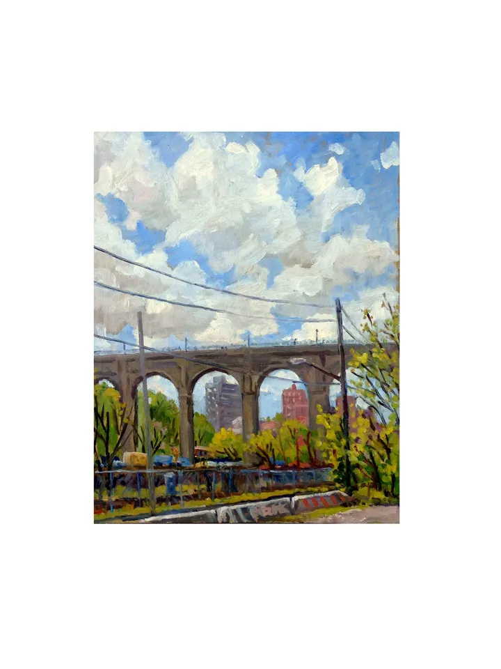 New York City Landscape Painting - Spring Light/High Bridge NYC - 11x14 Oil on Panel, Urban Industrial Realism, Signed Original Bronx Oil