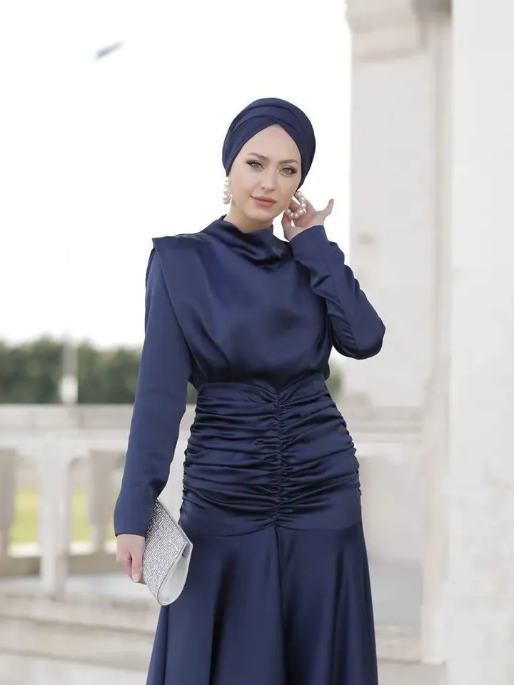 AHUNARE HIJAB - Dilara Navy Blue Satin Wedding Dress, Muslim Evening Gown, Nikah, Islamic Wedding, Engagement, Bridesmaid,