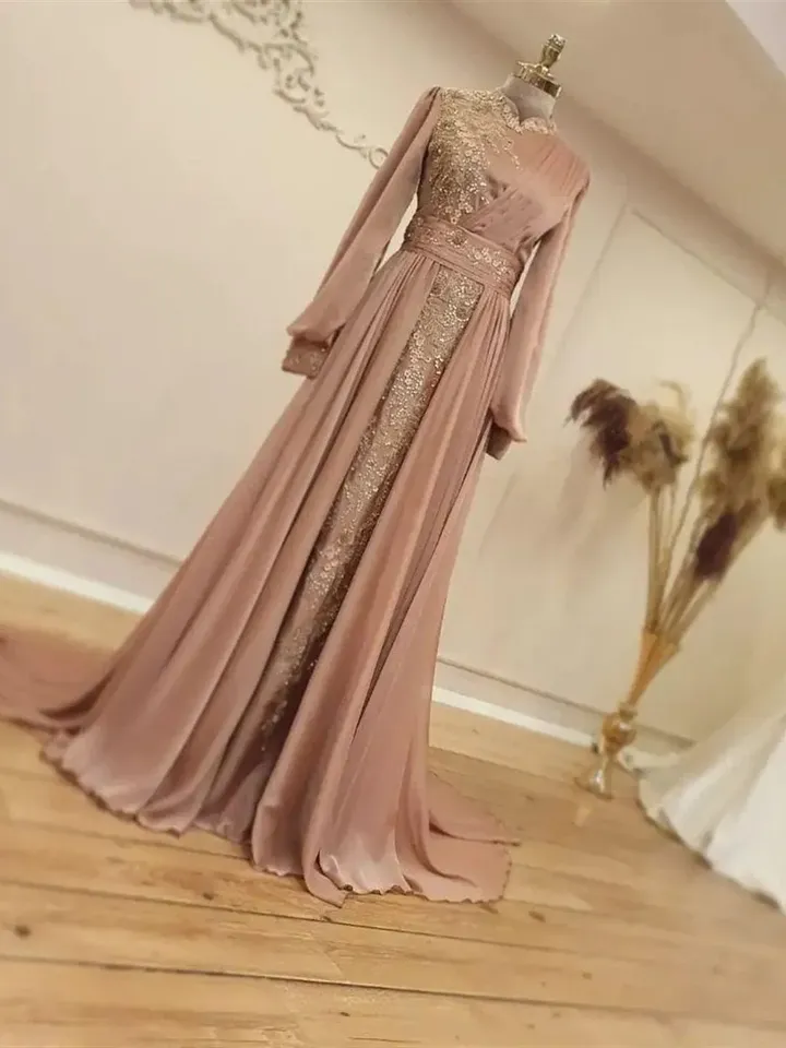 AHUNARE HIJAB - Elit Powder Chiffon Tailed Wedding Dress, Muslim Evening Gown, Nikah, Islamic Wedding, Engagement, Bridesmaid,
