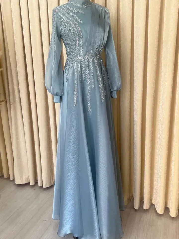 AHUNARE HIJAB - Çağla Aqua Glitter Chiffon Princess Wedding Dress, Muslim Evening Gown, Nikah, Islamic Wedding, Engagement, Bridesmaid,