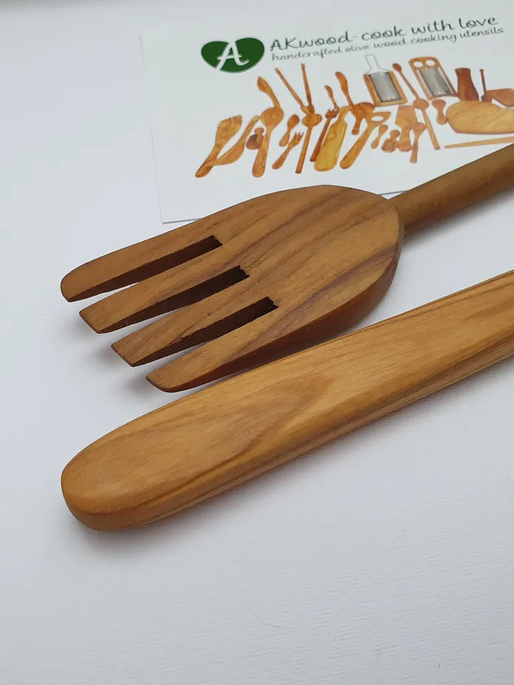 Handcrafted Wooden Spoon long 13.00" + Olive Wood Stirring Fork - Cooking accessories - AKwood Utensils - Made in Albania