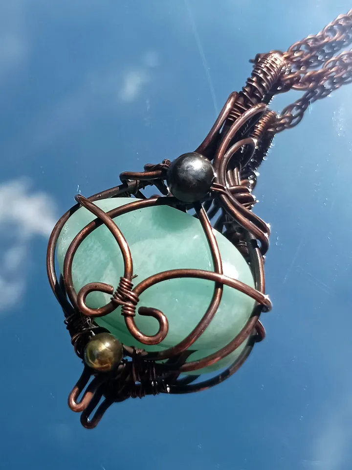 Copper necklace wrapped in wire with amazonite stone, antique style wire pendant, necklace for men, women, amulet