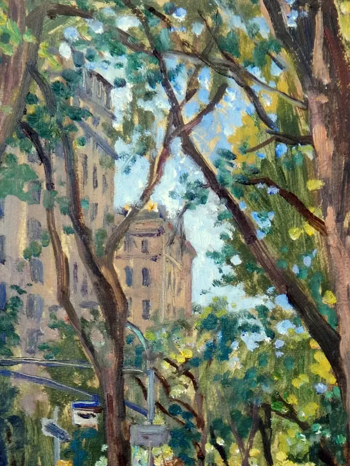 Original New York Cityscape Painting - Along Central Park/Fifth Avenue/NYC - 10x18 Oil on Panel, Plein Air Impressionist Landscape
