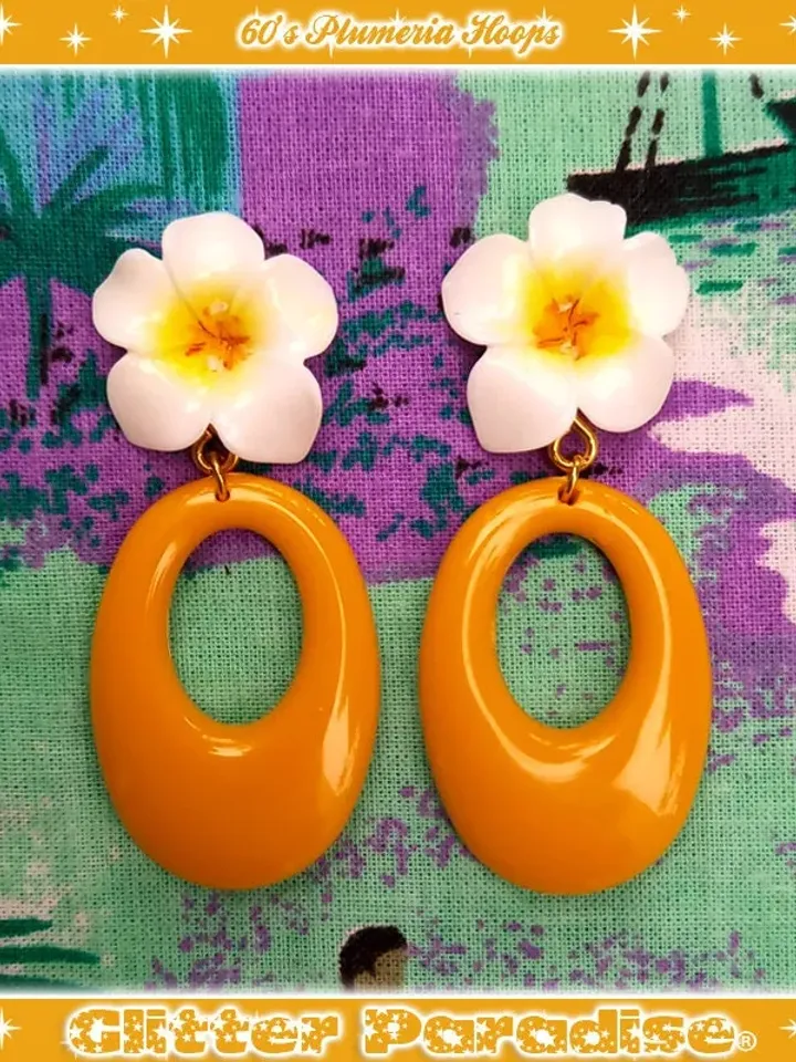 60's Plumeria Hoops - Earrings - Plumeria - Flower Jewelry - Plumeria Jewelry - 1960's Inpsired - Floral Earrings - Glitter Paradise®