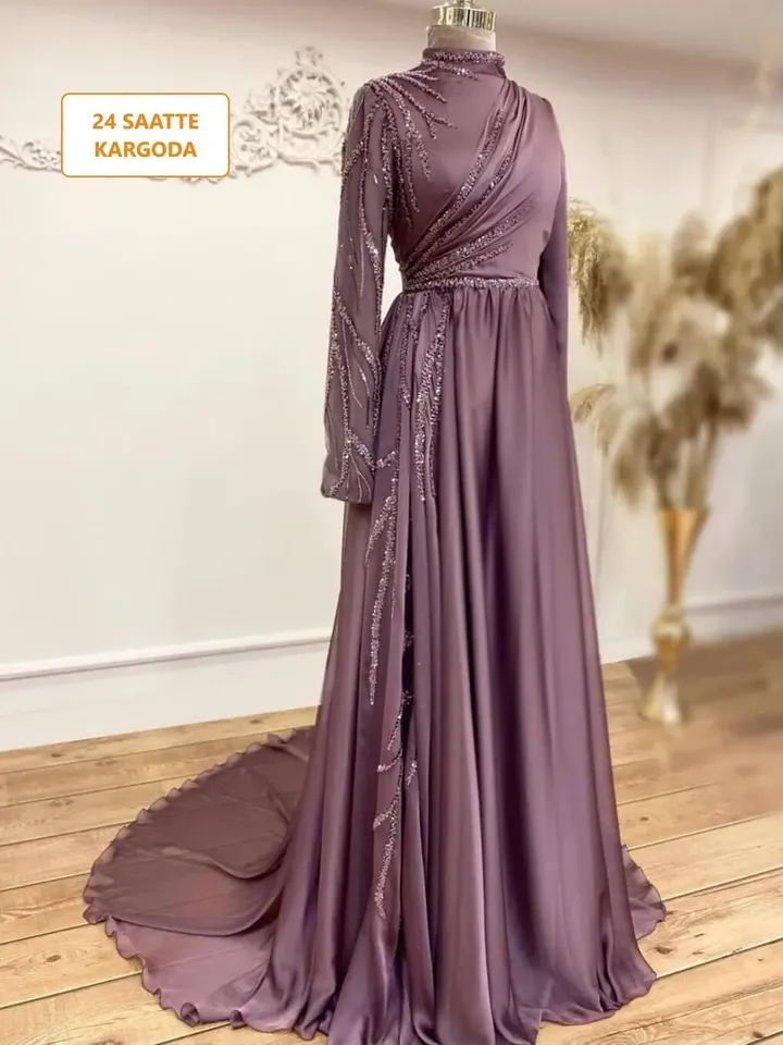 AHUNARE HIJAB - Şura Lilac Chiffon Tailed Wedding Dress, Muslim Evening Gown, Nikah, Islamic Wedding, Engagement, Bridesmaid,
