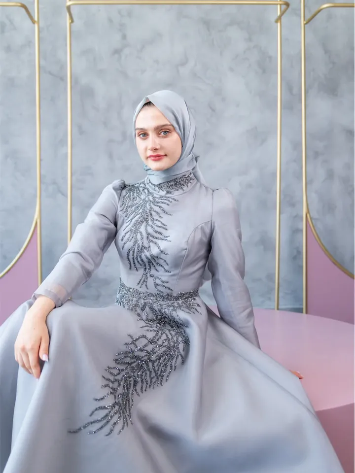 Mimoza Grey Embroidered Ahunare Wedding Dress, Muslim Evening Gown, Nikah, Islamic Wedding, Engagement, Bridesmaid, Maxi Dress