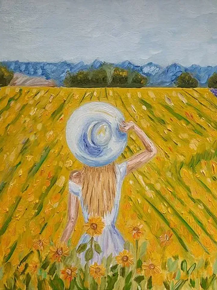 Sunflower field painting Girl in the field wall