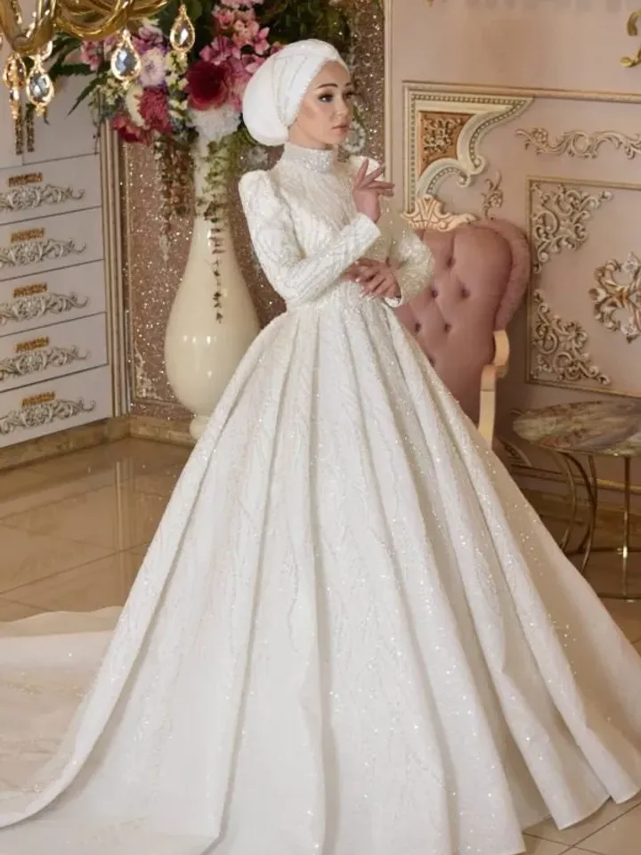 Gülşah White Embroidered Bright Princess Wedding Gown, Bridal, Muslim Wedding, Hijab Wedding, White Wedding Dress, Islamic Wedding
