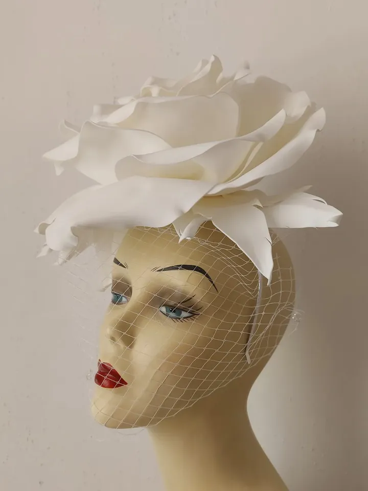 Large white rose veil Fascinator, Kentucky Derby Hat Wedding Headband, Bride 2024