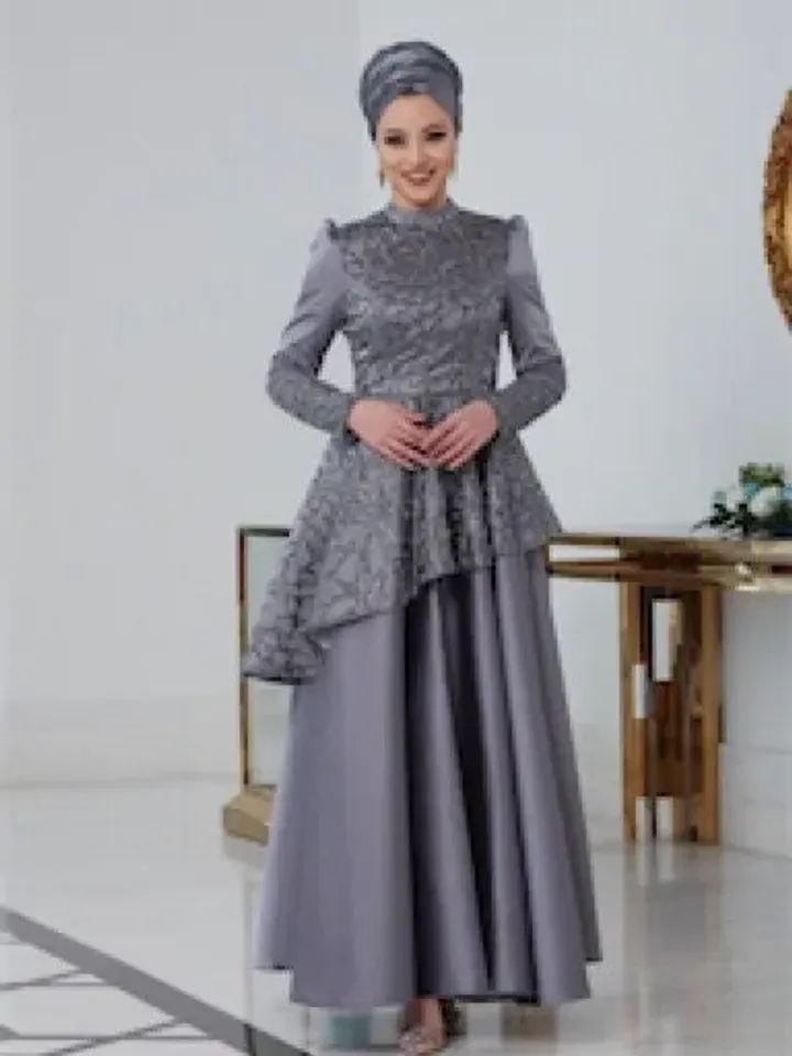 Hürrem Grey Satin Embroidered Ahunare Wedding Dress, Muslim Evening Gown, Nikah, Islamic Wedding, Engagement, Bridesmaid, Maxi Dress