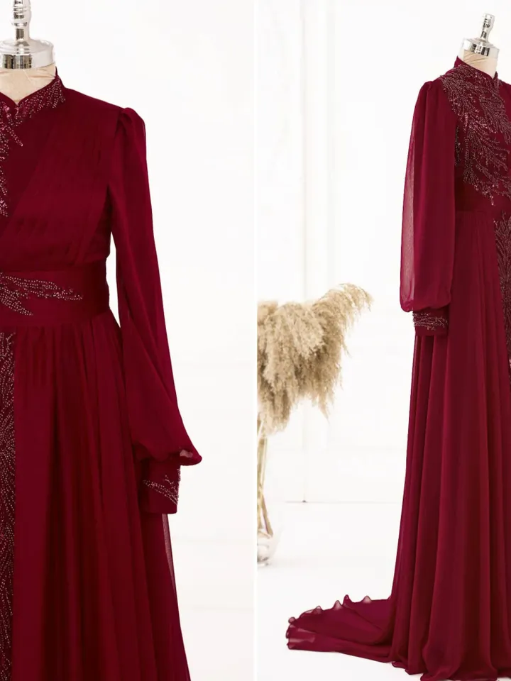 AHUNARE HIJAB - Eliz Burgundy Tulle Wedding Dress, Muslim Evening Gown, Nikah, Islamic Wedding, Engagement, Bridesmaid,