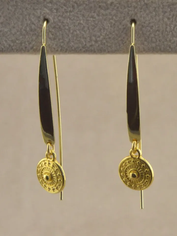 Ethnic Earrings - Drop Earrings with Tiny Ethnic Charm - Coin Earrings - Geometric Jewelry for Her - Minimalist Earrings Silver or Gold