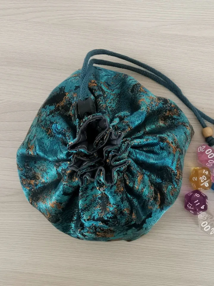 Large dice bag with pockets for 150-200 dice Dark teal and gold jacquard