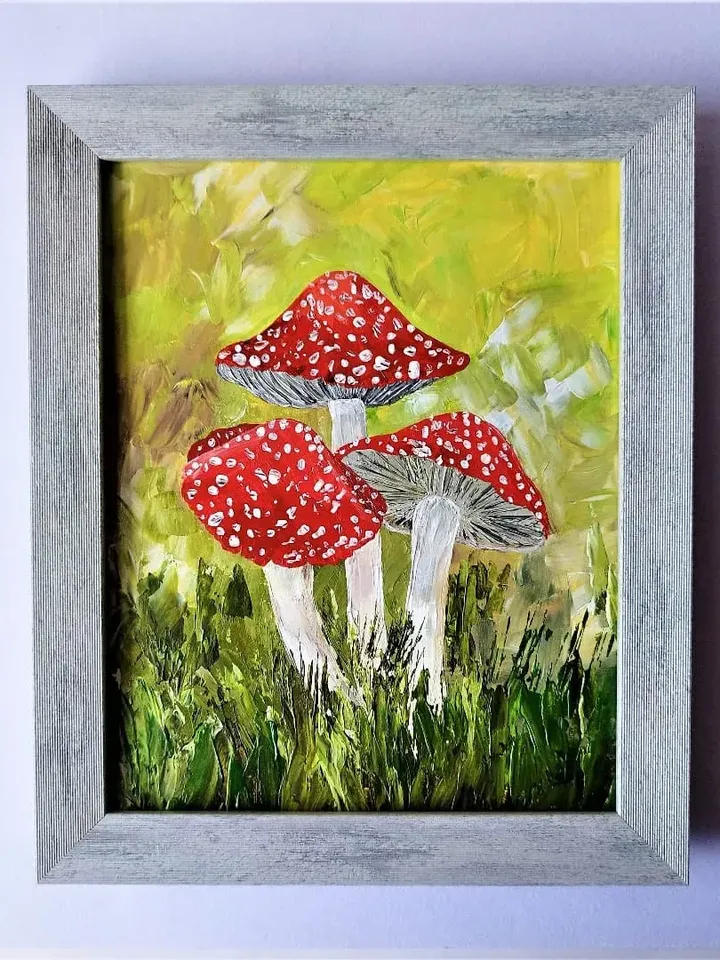 Mushroom paintings, Realistic mushroom painting, 3 mushrooms, Impasto paintings for sale
